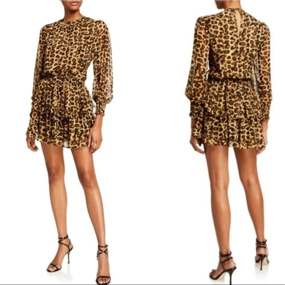 MISA Los Angeles Katia Leopard Print Ruffle Long Sleeve Mini Dress Size XS. NEW - Picture 1 of 16